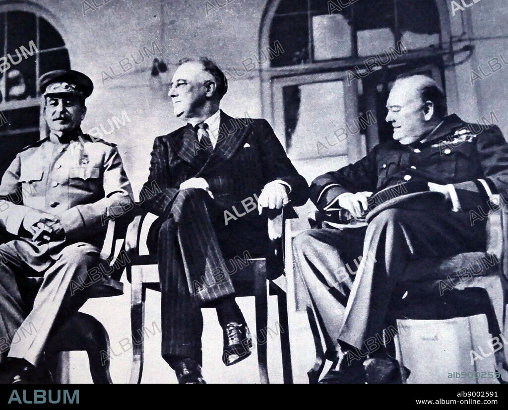 Photograph of President Theodore Roosevelt, Sir Winston Churchill and Joseph Stalin during the Tehran Conference. Theodore Roosevelt Jr. (1858-1919) an American statesman, author, explorer, soldier, naturalist, reformer and 26th President of the United States. Sir Winston Leonard Spencer-Churchill (1874-1965) a British politician and Prime Minister of the United Kingdom. Joseph Stalin (1878-1953) a Soviet revolutionary, political leader, and Premier of the Soviet Union. Dated 20th Century.