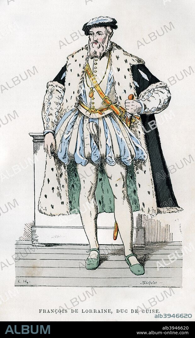 Francis of Lorraine, 2nd Duke of Guise, French soldier and politician, 16th century (1882-1884). Francis, Duke of Guise (1519-1563) was created Grand Chamberlain of France in 1551. The following year he earned renown for successfully defending the city of Metz against the invading army of the Emperor Charles V and in 1558 captured Calais, the last remaining English possession in France. After Francis II became King of France in 1559, Guise and his brother Charles, Cardinal of Lorraine, became the most powerful figures on the royal council. The period from 1560 onwards saw increasing tensions between Catholics and Protestants in France, and a botched attempt to kidnap the staunchly Catholic Guises sparked a series of assassinations and counter-assassinations. After the accession of the young Charles IX to the throne, the regent Catherine de' Medici seemed inclined to favour the Protestant cause, leading Francis to take a prominent role at the head of the Catholic faction. A massacre of Protestants took place at Wassy-sur-Blaise on 1st March 1562 when Francis was present, provoking what would become known as the French Wars of Religion. He was assassinated by a Huguenot whilst besieging the city of Orleans in February 1563. A print from La France et les Français à Travers les Siècles, Volume III, F Roy editor, A Challamel, Saint-Antoine, 1882-1884.