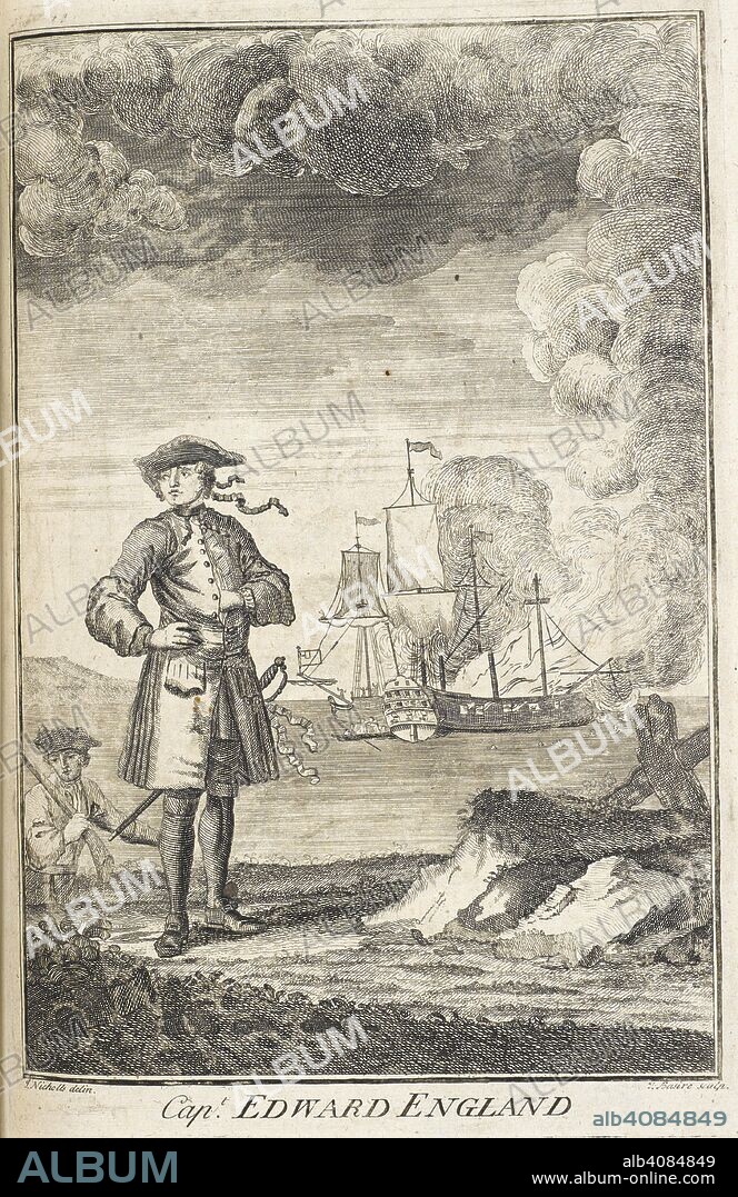 JOHNSON, CAPTAIN CHARLES, PSEUD.. Captain Edward England. Born Edward Seegar in Ireland, was a famous African coast and Indian Ocean pirate captain from 1717 to 1720. His flag was the classic Jolly Roger with a skull above two crossed thigh bones on a black background. A General History of the Lives and Adventures of the Most Famous Highwaymen, Murderers, Street-Robbers, &c. To which is added, a genuine account of the voyages and plunders of the most notorious pyrates. London : J. Janeway, 1734. Source: C.175.e.9 plate facing page 214.