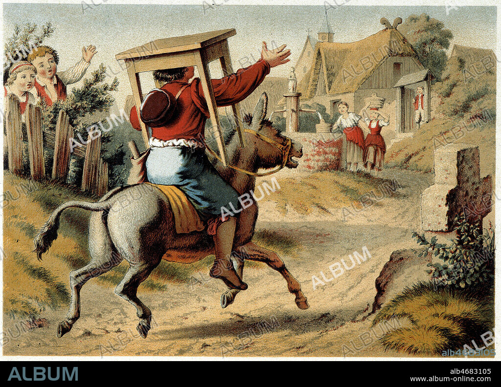 Les trois freres ou Petite table soit mise, L'ane et le sac (ou le Baton...) Conte des freres Grimm. Lithographie par Offterdinger, 1885. Credit Collection KHARBINE TAPABOR.