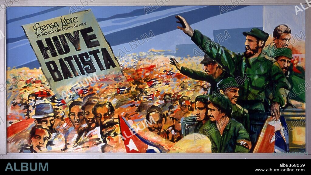 Cuba: A painting showing Fidel Castro celebrating with the people the overthrow of the US-backed Batista regime in 1959, Museo de la Revolucion (Museum of the Revolution), Havana.<br/><br/>. The Cuban Revolution was a successful armed revolt by Fidel Castro's 26th of July Movement, which overthrew the US-backed Cuban dictator Fulgencio Batista on 1 January 1959, after over five years of struggle.