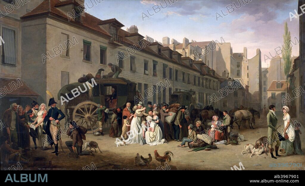 'The Arrival of a Stagecoach at the Terminus, rue Notre-Dame-des-Victoires, Paris, 1803', 1761-1845. Found in the collection of the Louvre, Paris, France.