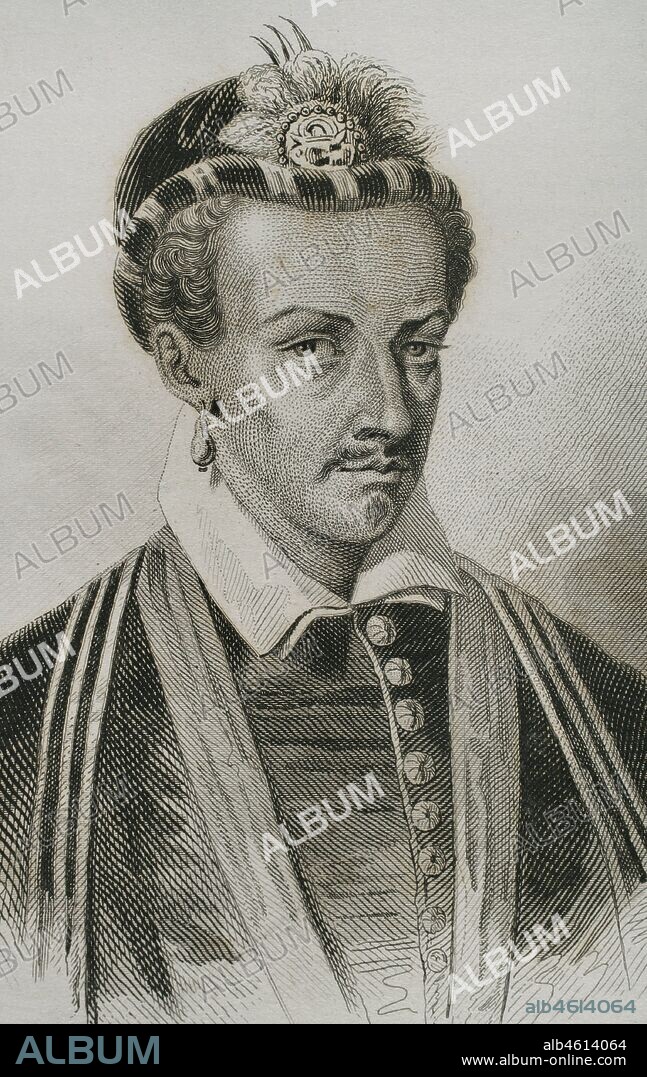 Henry III of France (1551-1589). King of France (1574-1589),  king of Poland and Grand Duke of Lithuania (1573-1575). House Valois-Angouleme. Portrait, detail. Engraving by Lemaitre, Vernier and Laderer. History of Poland, by Charles Foster. Panorama Universal, 1840.