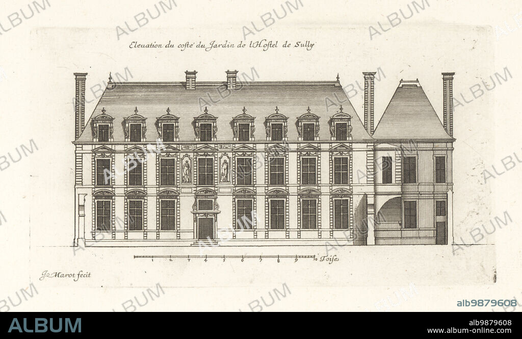 Elevation of the garden side of the Hotel de Sully, Paris, a Louis XIII-style grand house or hotel particulier at 62 rue Saint-Antoine, Marais, built in the 17th century by the architect Jean Androuet de Cerceau for financier Mesme Gallet. Elevation du coste du Jardin de l'Hotel de Sully. Copperplate engraving drawn and engraved by Jean Marot from his Recueil des Plans, Profils et Elevations de Plusieurs Palais, Chasteaux, Eglises, Sepultures, Grotes et Hotels,Collection of Plans, Profiles and Elevations of Palaces, Castles, Churches, Tombs, Grottos and Hotels, chez Mariette, Paris, 1655.