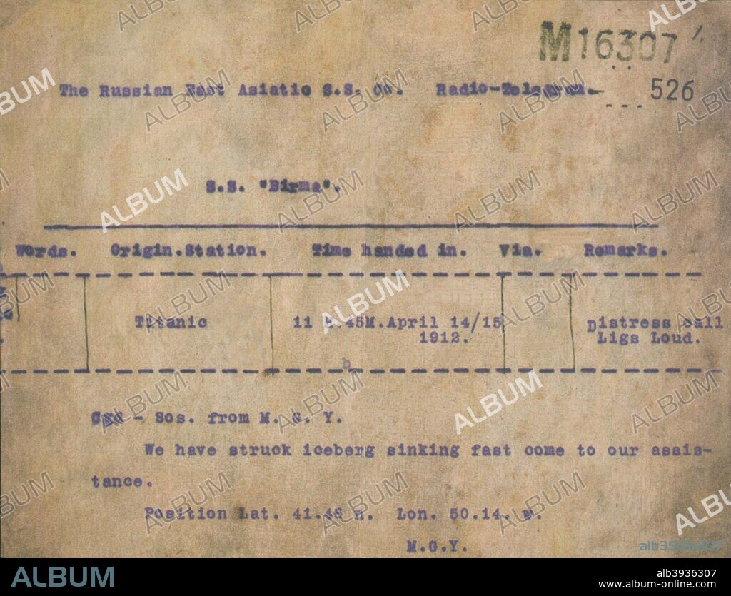 Titanic - Iceberg Telegram, 1912. A telegram transmited from RMS Titanic (M.G.Y.) to the S.S. Birma, April 15, 1912, reading, We have struck iceberg sinking fast come to our assistance. Position Lat. 41.46n. Lon. 50.14.w. -M.G.Y.. Operated by the White Star Line, RMS Titanic struck an iceberg in thick fog off Newfoundland on 14 April 1912. She was the largest and most luxurious ocean liner of her time, and thought to be unsinkable. In the collision five of her watertight compartments were compromised and she sank. Out of the 2228 people on board, only 705 survived. A major cause of the loss of life was the insufficient number of lifeboats she carried.