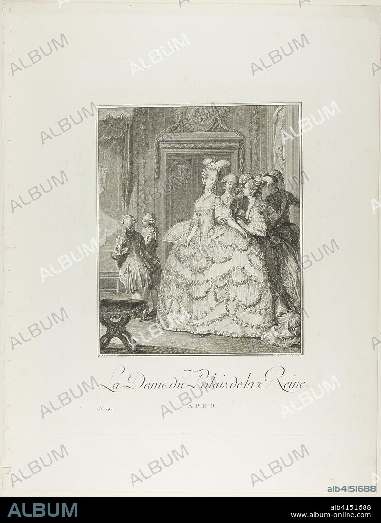 The Queen's Lady-in-Waiting, from Monument du Costume Physique et Moral de la fin du Dix-huitième siècle. Pietro Antonio Martini (Italian, 1738-1797); after Jean Michel Moreau (French, 1741-1814); published by Laurent-François Prault (French 1712-1780). Date: 1776-1777. Dimensions: 270 x 220 mm (image); 412 x 327 mm (plate); 536 x 412 mm (sheet, folded). Engraving on paper. Origin: Italy.