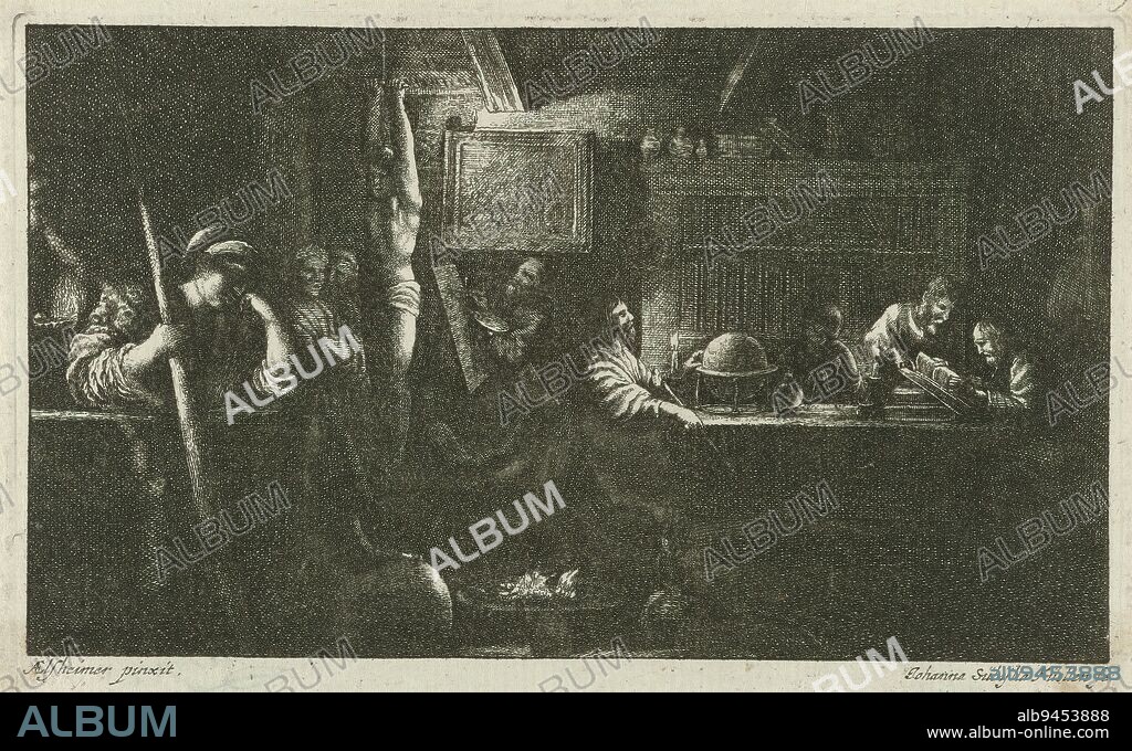 Minerva as patroness of the arts and sciences, A night piece with Minerva seated on the left with spear in hand and foot on a globe. In the background practitioners of the arts and sciences, including a painter behind an easel with palette in hand., print maker: Johanna Sibilla Küsel, (mentioned on object), after design by: Wenceslaus Hollar, after painting by: Adam Elsheimer, (mentioned on object), Augsburg, 1660 - 1717, paper, etching, height 92 mm × width 148 mm.