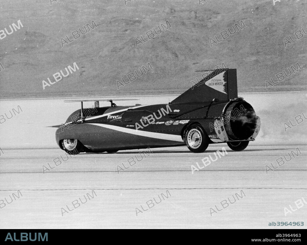 Art Arfons' 'Green Monster' Land Speed Record car, Bonneville Salt Flats, Utah, USA, c1964-c1966.  Arfons set three Land Speed Records in his jet-powered 'Green Monster' car in the 1960s, the fastest being 576.553 mph in 1965. In 1966, when attempting to regain the record from his great rival Craig Breedlove, a wheel came off the car when travelling at over 600 mph. Arfons survived without serious injury, but never regained the record.