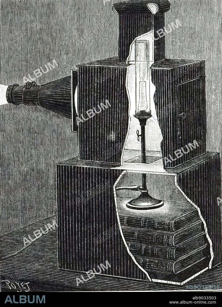 An engraving depicting Welsbach's gas lamp being used in a projector. Carl Auer von Welsbach (1858-1929) an Austrian scientist and inventor. Dated 19th century.