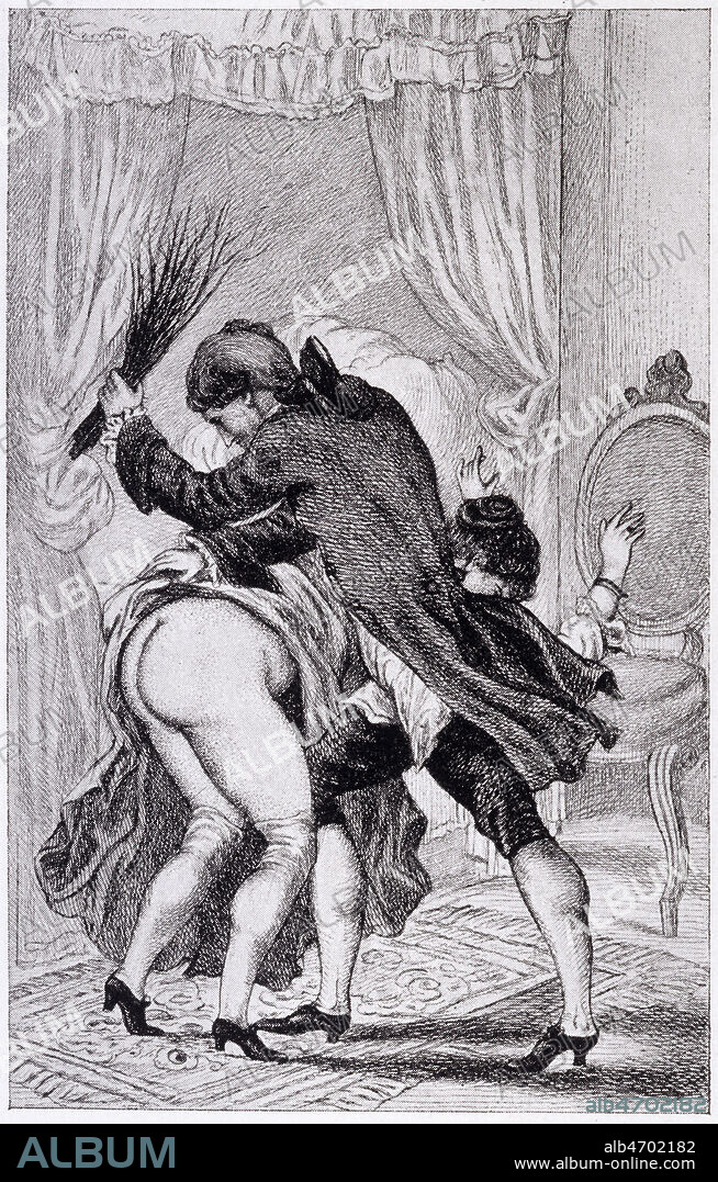Casanova fouette les fesses d'une femme avec un martinet. Gravure par CHAUVET illustrant les memoires de CASANOVA (1725-1798) en 1875. Credit : Collection KHARBINE-TAPABOR.