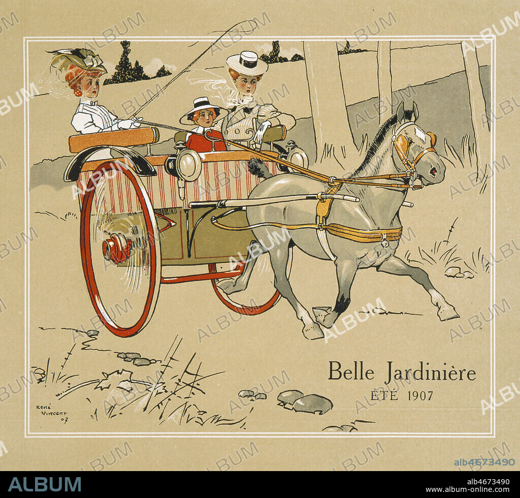 Deux femmes et un enfant dans une petite cariole tiree par un ane ou une mule. Illustration de Rene VINCENT (1879-1936) pour un catalogue du magasin La Belle Jardiniere en 1907. Credit Collection Kharbine tapabor.