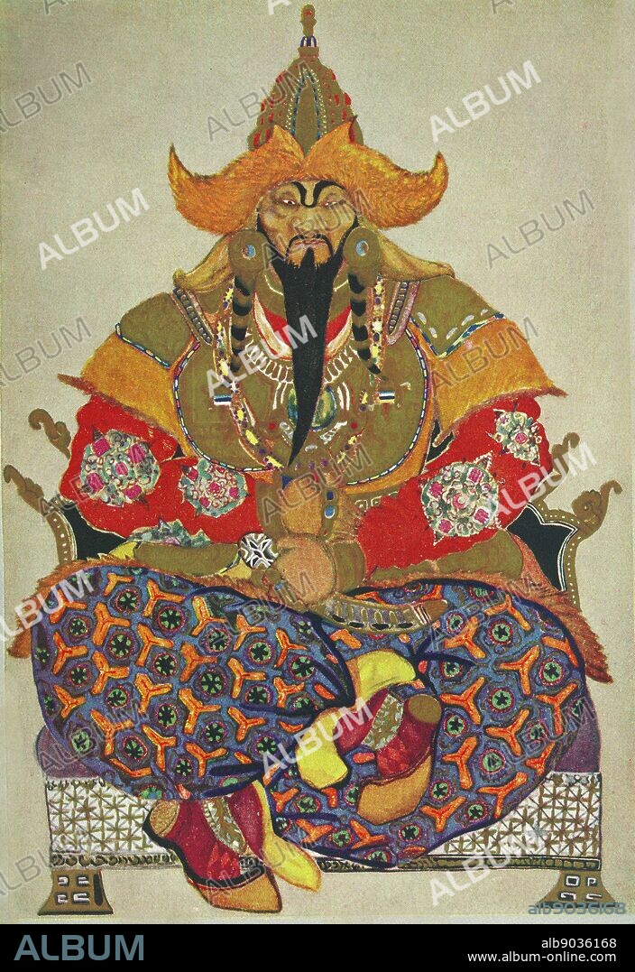 Russian theatre costume design depicting Genghis Khan 1155 - 1227, born Temüjin founder, Khan (ruler) and Khagan (emperor) of the Mongol Empire, which became the largest contiguous empire in history after his death.