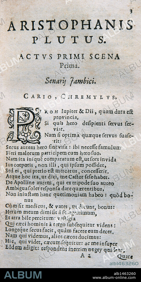 LITERATURA CLASICA. GRECIA. SIGLOS V-IV a. C. ARISTOFANES (445-386 a. C.). Escritor y comediógrafo griego. "PLUTO" (PLUTUS). Acto primero. Escena primera. Obra escrita en latín en el año 388 a. C. Edición de Leiden del año 1624. Biblioteca de Cataluña. Barcelona.
