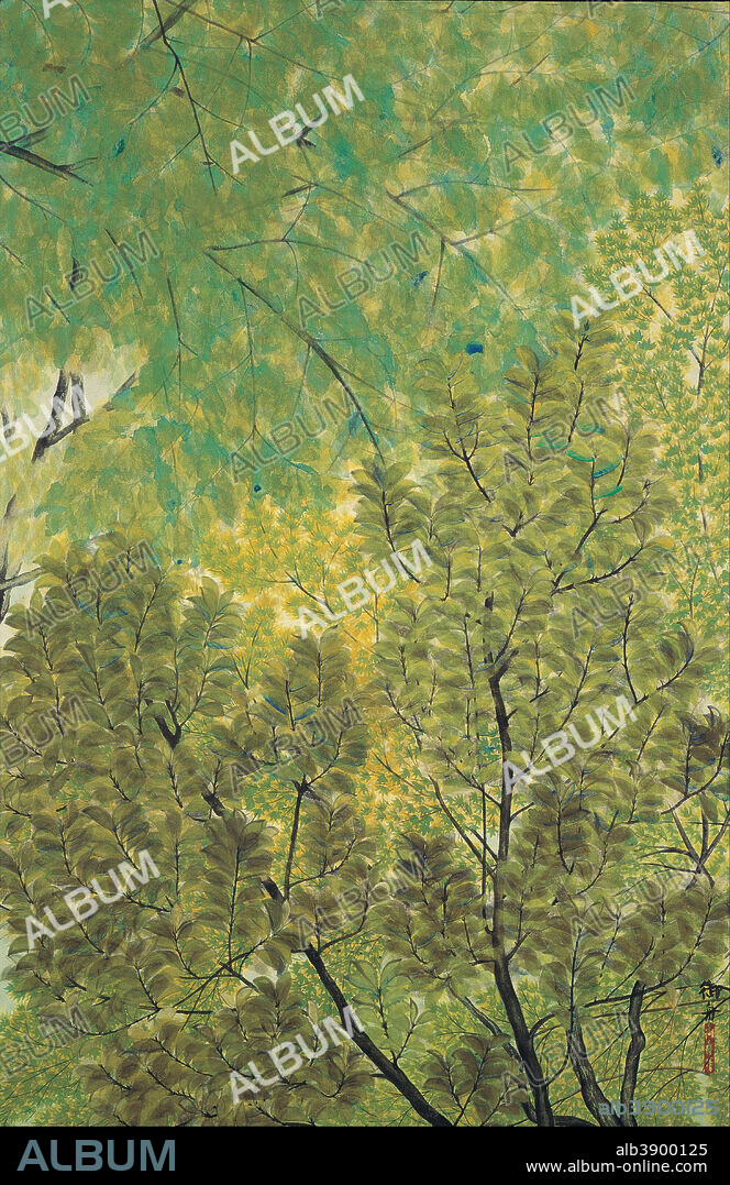 HAYAMI GYOSHU. New Leaves. Date/Period: 1915. Japanese Painting. Color on paper / framed. Height: 1,250 mm (49.21 in); Width: 810 mm (31.88 in).