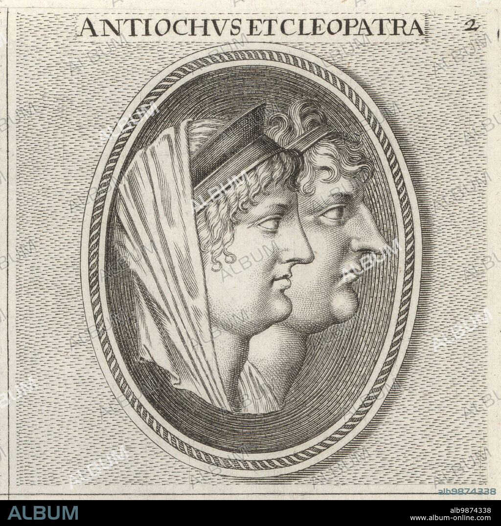 Cleopatra Thea, daughter of Ptolemy VI, c.164-121 BC, surnamed Eueteria, ruler of the Hellenistic Seleucid Empire. Co-regent with her son Antiochus VIII, Grypus, c.141-96 BC. Antiochus et Cleopatra. Copperplate engraving after an illustration by Joachim von Sandrart from his LAcademia Todesca, della Architectura, Scultura & Pittura, oder Teutsche Academie, der Edlen Bau- Bild- und Mahlerey-Kunste, German Academy of Architecture, Sculpture and Painting, Jacob von Sandrart, Nuremberg, 1675.