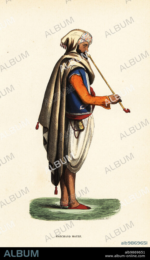 Moorish merchant with tobacco pipe, Algeria. In turban, hooded burnous, blue jacket with orange sleeves, white culottes. The Moors were descendants of ancient Mauritania and Numidia. Marchand Maure. Handcoloured woodcut by Doms from Auguste Wahlen's Moeurs, Usages et Costumes de tous les Peuples du Monde, (Manners, Customs and Costumes of all the People of the World) Librairie Historique-Artistique, Brussels, 1845. Wahlen was the pseudonym of Jean-Francois-Nicolas Loumyer (1801-1875), a writer and archivist with the Heraldic Department of Belgium.