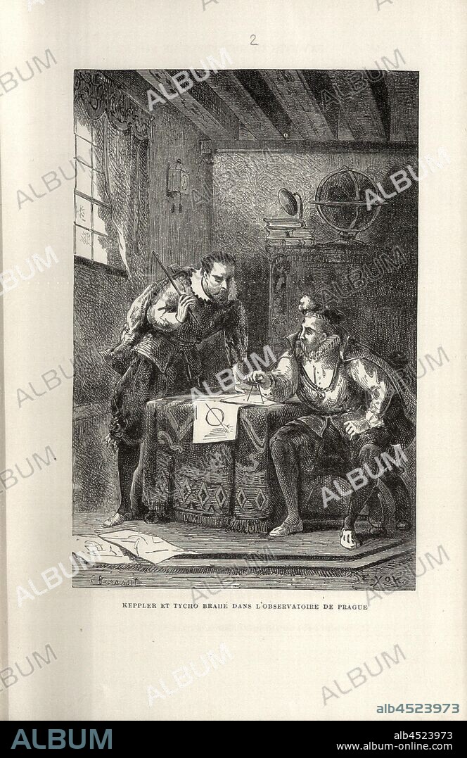 Keppler and Tycho Brahe at the Prague Observatory, Johannes Kepler and Tycho Brahe study a mathematical problem in an observatory in Prague, Signed: E. Benassit; E. Yon, Fig. 2, according to p. 58, Benassit, Emil; Yon, E., 1869, Louis Figuier: Vies des savants illustres: depuis l'antiquité jusqu'au dix-neuvième siècle. Paris: librairie internationale, 1869.