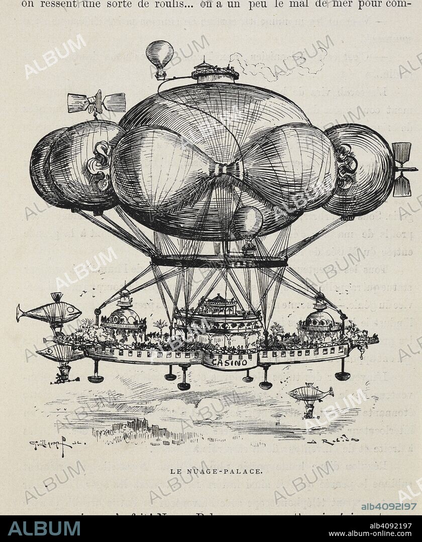 ALBERT ROBIDA. 'Le nuage-palace'. A flying casino supported by air ballons and other air machines. A futuristic view. Le VingtiÃ¨me SiÃ¨cle. Paris, 1883. Science fiction. Bloack and white illustration. Source: 12350.m.15, page 45. Language: French.