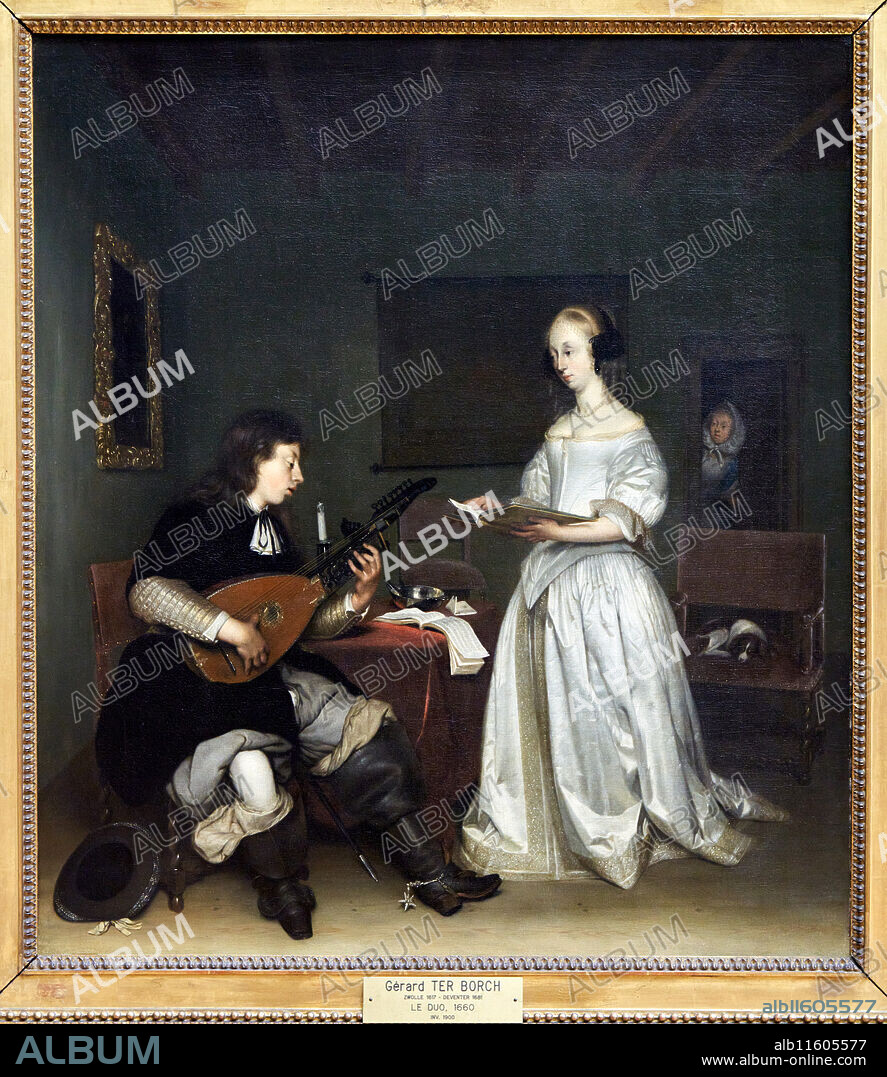 The Duet: Singer and Theorbo Player, A theorbo is an instrument of the lute family, 1669, Gerard ter BORCH, Zwolle (Pays-Bas), 1617 - Deventer (Pays-Bas), 1681, Musée du Louvre, Paris, France.