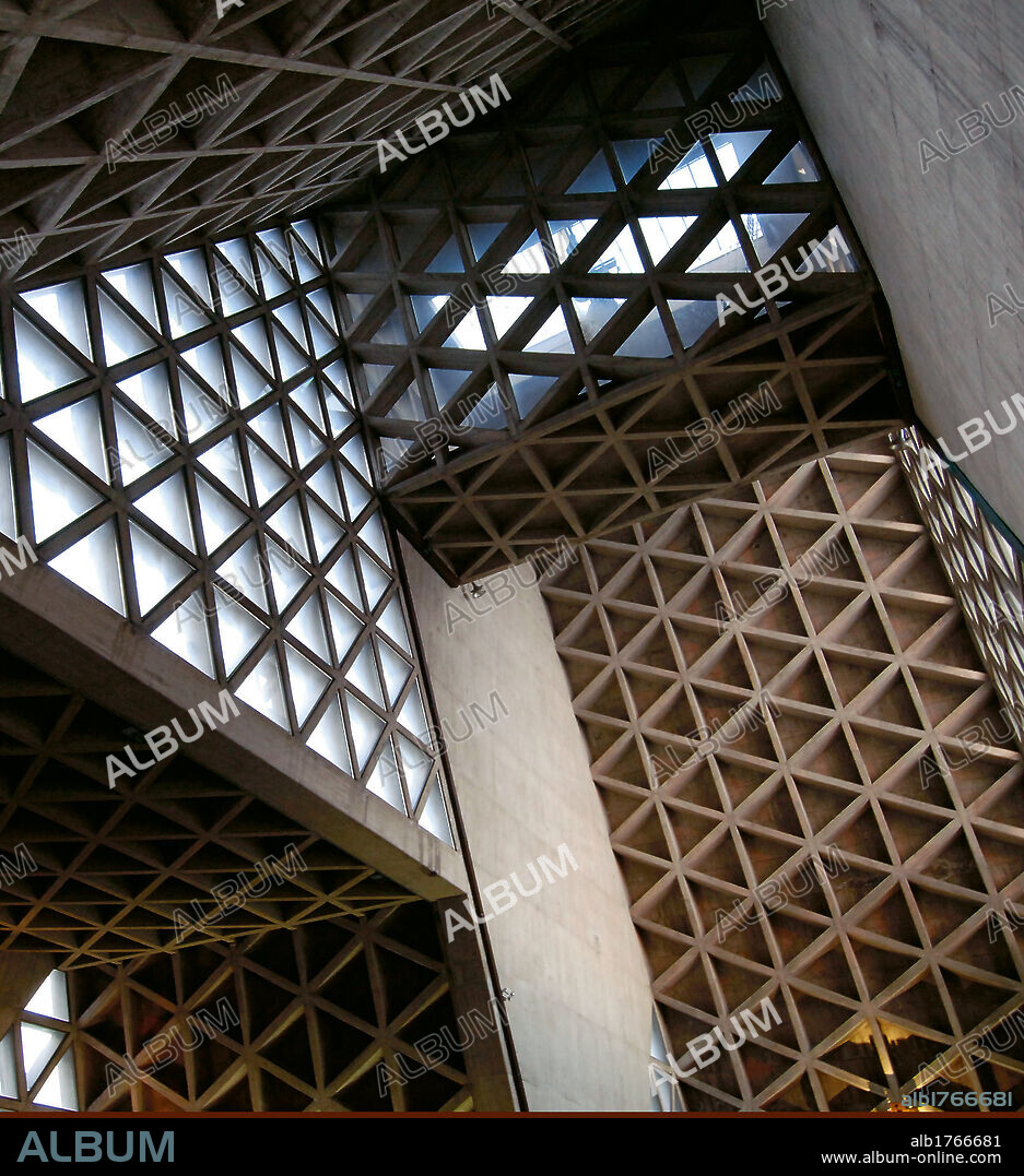 Marian Temple on Monte Grisa near Trieste, by Unknown Artist, 1959-1966, 20th Century, reinforced concrete,. Italy, Friuli Venezia Giulia, Trieste, Marian Temple on Monte Grisa. Detail. View of interior of Marian Temple on Monte Grisa upper church trapezium geometric reticulated module of triangles concrete beams windows prism belfry.  Please remember that author's rights have to be cleared for modern and contemporary works of arts.