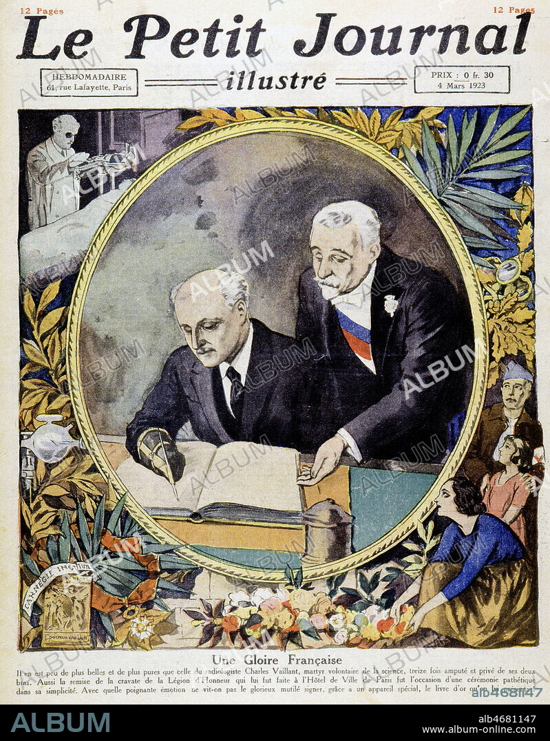 'Une gloire francaise' : Charles VAILLANT signant avec sa main amputee. Illustration tiree du Petit Journal en 1923. Credit : Collection KHARBINE-TAPABOR.