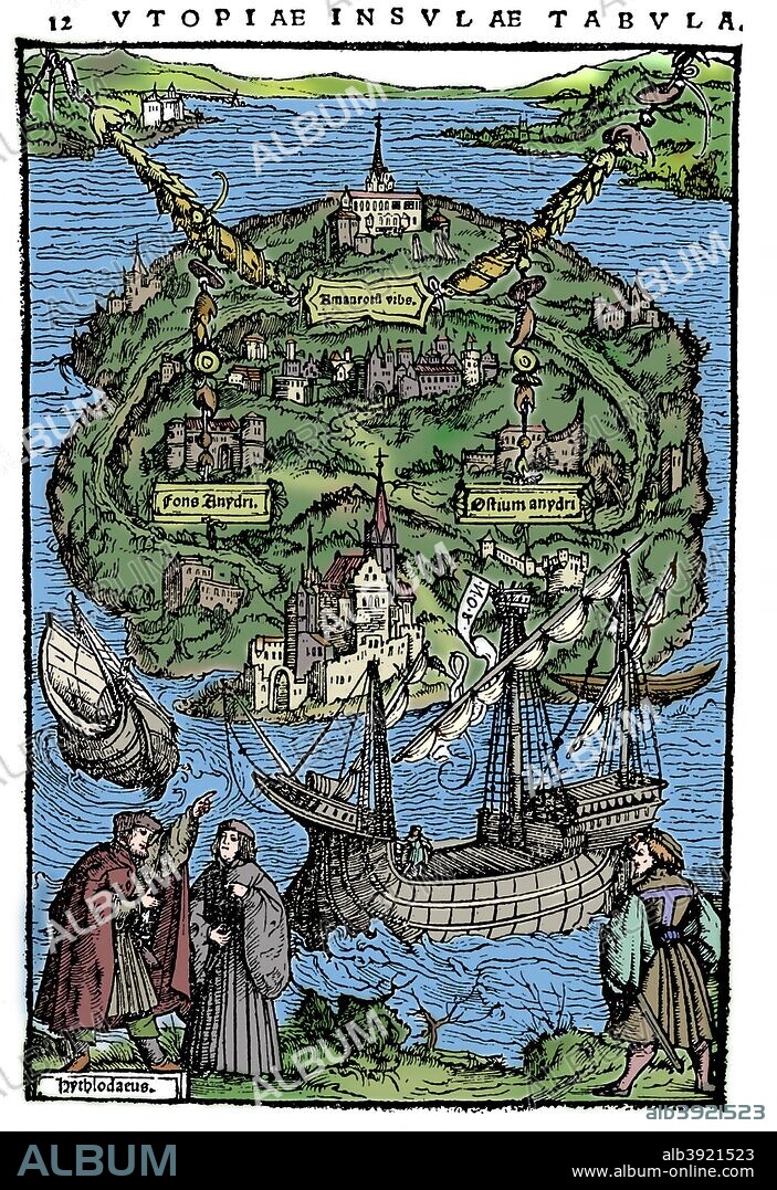 Plan of the island of Utopia, 1518. From Utopia, Thomas More's work depicting an ideal state where reason ruled, first published in 1516. (Colorised black and white print).