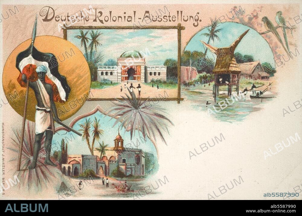 Berlin, 3. Mai 1896. Eröffnung der Gewerbeausstellung im Treptower Park. "Deutsche Kolonial-Ausstellung". Farblithographie (Postkarte).