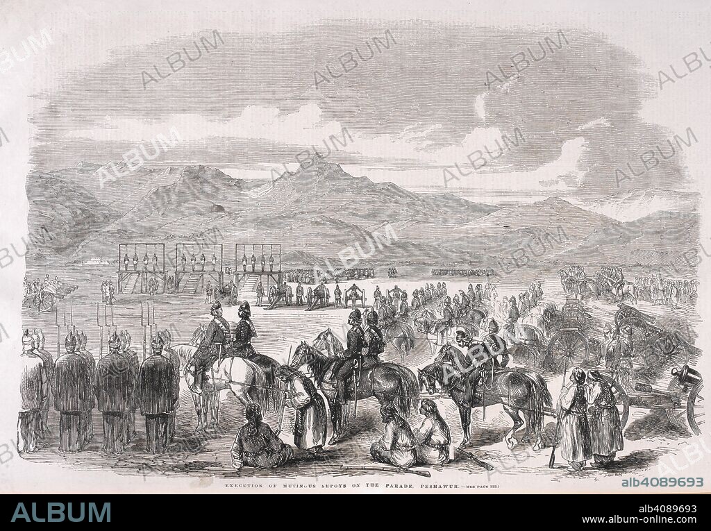 'Execution of mutinous sepoys on the parade, Peshawur.' The execution of mutineers after the Indian rebellion or mutiny of 1857. The Illustrated London news. London, 1857. Source: The Illustrated London News, 3 October 1857, page 336.