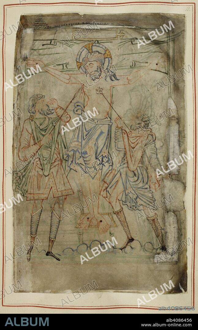 The Crucifixion. Christ on a cross formed from a tree trunk; Longinus pierces his side with a spear, and Stephaton hands up a sponge. Tiberius Psalter. Winchester; circa 1050. Source: Cotton Tiberius C. VI, f.13. Language: Latin.