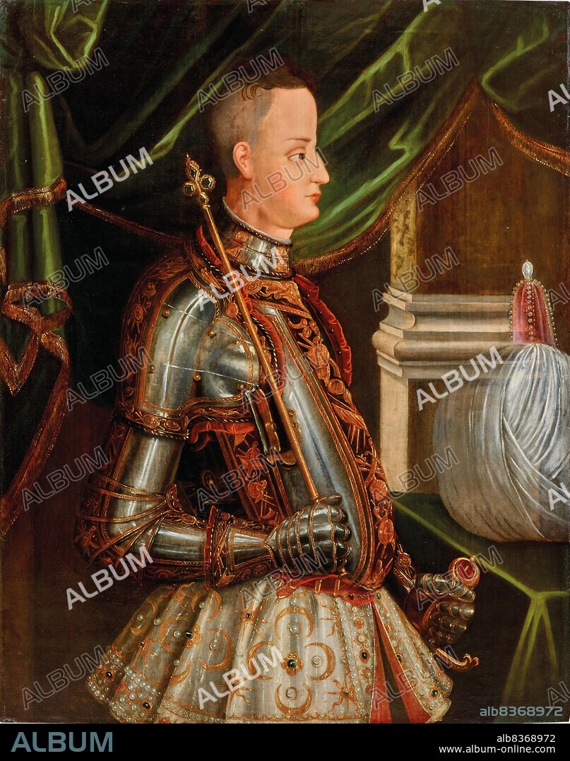 ANONYMOUS. Portrait of Sultan Osman II (1604-1622), in armor with a scepter and a turban beside him.