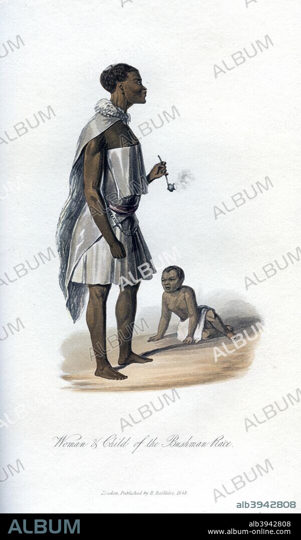 'Woman & Child of the Bushman Race', 1848. Mother and child from southern Africa. An engraving from the Natural History of Man, by James Cowles Prichard, published by Hippolyte Bailliere, (London, third edition, 1848).