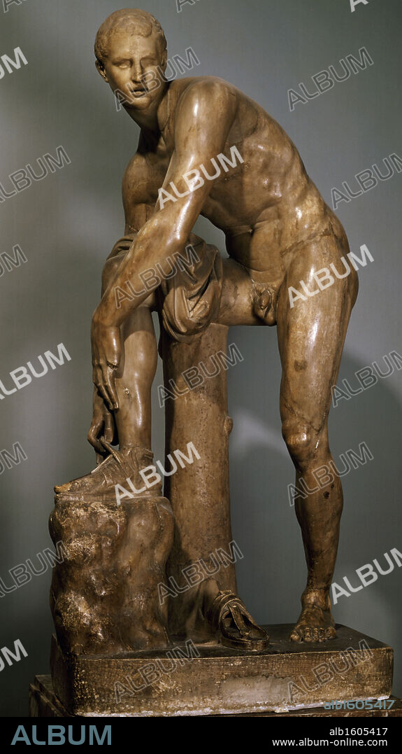 GREEK ART. Hermes Fastening his Sandal, statue, France, Paris, Musee du Louvre.