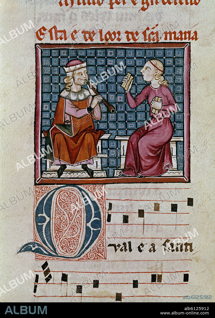 ALFONSO X DE CASTILLA EL SABIO. M.B.I.2-CANTIGAS STA MARIA-Nº330-F295V- CODICE MUSICOS-ALBOGUE DOBLE LENGUETA-CASTAÑETAS-TEJOLETAS-CROTALO.