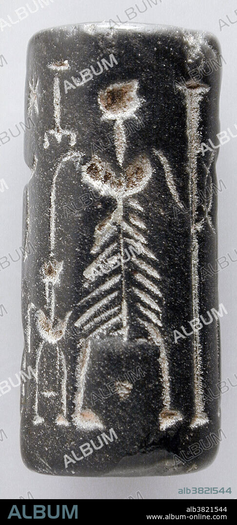 Mesopotamian Cylinder Seal, 2500-1500 BC. Made from and unidentified black stone. A cylinder seal is a small stone cylinder engraved in intaglio, an engraving or incised figure, depressed below the surface so that an impression from the design yields an image in relief when rolled on wet clay. It first appeared circa 3400-2900 BC and is considered to be one of the finest artistic achievements of Mesopotamia. They are linked to the invention of the latter cuneiform writing on clay cylinders. They were used as an administrative tool, a form of signature, as well as jewellery and as magical amulets. Later versions would employ notations with Mesopotamian hieroglyphs. Many varieties of material such as hematite, obsidian, steatite, amethyst, lapis lazuli and carnelian were used to make cylinder seals. The seals were adopted in Egypt and the Indus civilization.