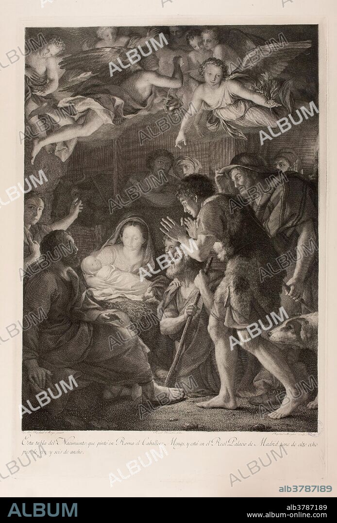 RAFFAELLO SANZIO MORGHEN y JOSÉ BERATÓN. Raffaello Morghen (Grabador) (Autor de la obra original Mengs, Anton Rafael); José Beratón (Dibujante) / 'La Adoración de los pastores'. 1791. Talla dulce: aguafuerte y buril sobre papel continuo, 750 x 600 mm.