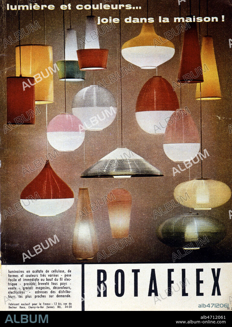 'Lumiere et couleurs... joie dans la maison !'. Publicite pour les lampes ROTAFLEX publiee dans Arts Menagers en 1959. Objet annees 50. Credit : Collection KHARBINE-TAPABOR.