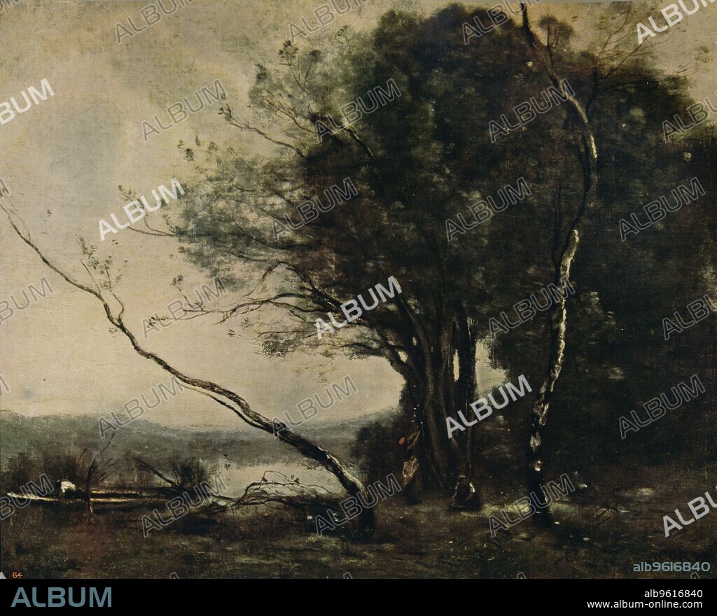 JEAN-BAPTISTE-CAMILLE COROT. 'The Bent Tree', 1855-1860, (c1915). The painting is held by the National Gallery of Victoria, Australia. From International Art: Past and Present by Alfred Yockney. [Virtue & Company, London, c1915].