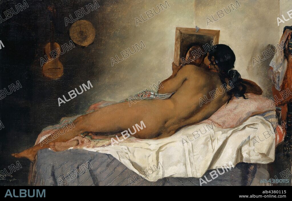 Nude Spanish Gypsy Woman with Mirror, 1858, oil on canvas, mounted on fibreboard, 43.5 x 67.5 cm, Signed, dated and inscribed lower left: Franz [sic] Buchser, 1858., à Granada., Frank Buchser, Feldbrunnen/Solothurn 1828–1890 Feldbrunnen/Solothurn.