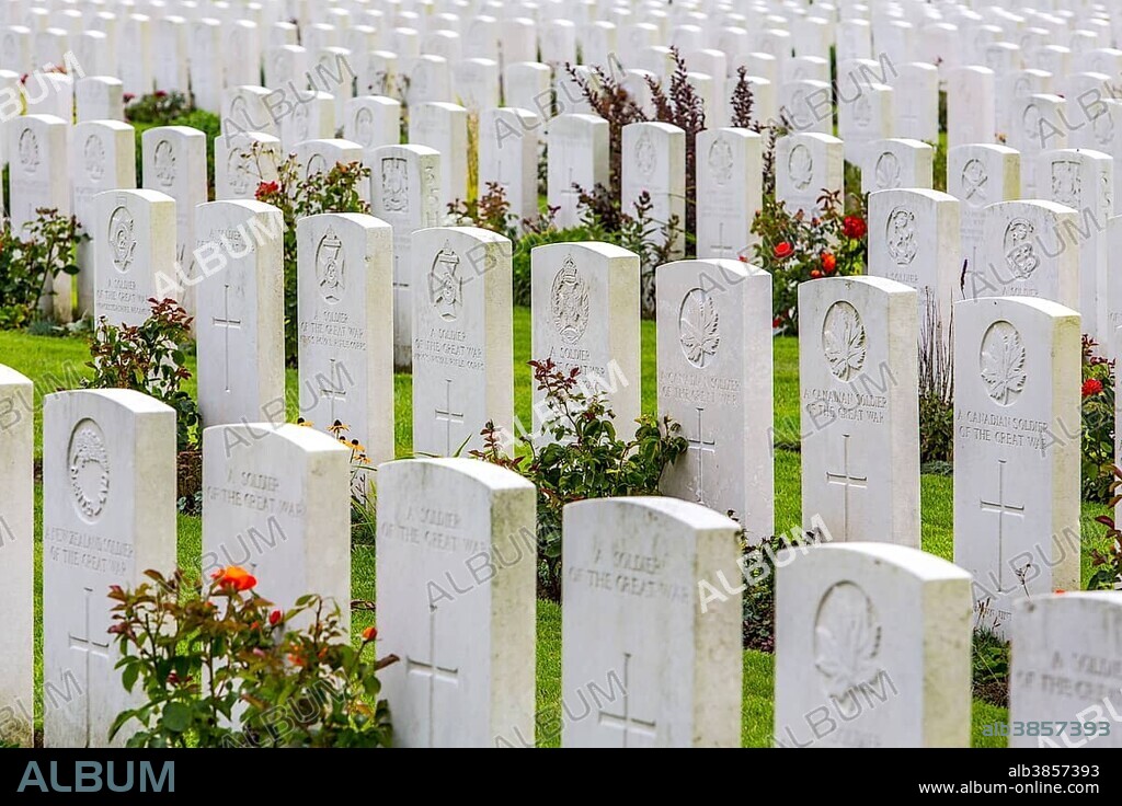 Tyne Cot Commonwealth War Graves Cemetery, the largest Commonwealth cemetery in the world, with over 12,000 soldiers' graves from the First World War, Passendale, West Flanders, Belgium, Europe.