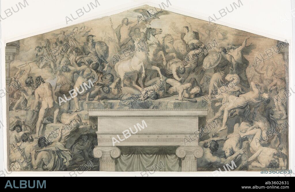 Design for a Mural with the Battle between the Gods of Olympus and the Giants. Artist: Paul Chenavard (French, Paris 1808-1895 Paris). Dimensions: Sheet: 25 × 42 11/16 in. (63.5 × 108.5 cm). Date: ca. 1840-80.
Large design, probably a presentation drawing, consisting of four sheets. The architectural details are painted on separate sheets and pasted on top.  The drawing shows a design for a monumental mural depicting a battle between the Gods of Olympus and the Giants. In line with Chenavard's other works this is probably an allegorical depiction of a deeper, philosophical theme. The composition of the sheet seems closely related to Chenavard's project for the Pantheon in Paris where he proposed to paint a monumental cycle entitled 'The Philosophy of History'. Napoleon III cancelled the commission however and the cartoons were shown only ones in 1855 at the Exposition Universelle in Paris. They are now kept in the Musée des Beaux Arts in Lyon.
