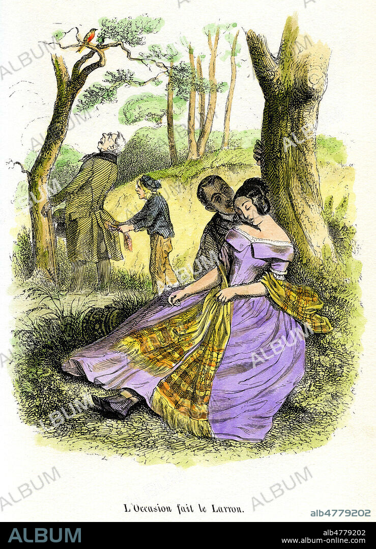 L'occasion fait le larron. Illustration de 1845 par GRANDVILLE (1803-1847) pour Cent proverbes. Mise en couleur par nos soins. Credit : Coll. Jonas/Kharbine-Tapabor.