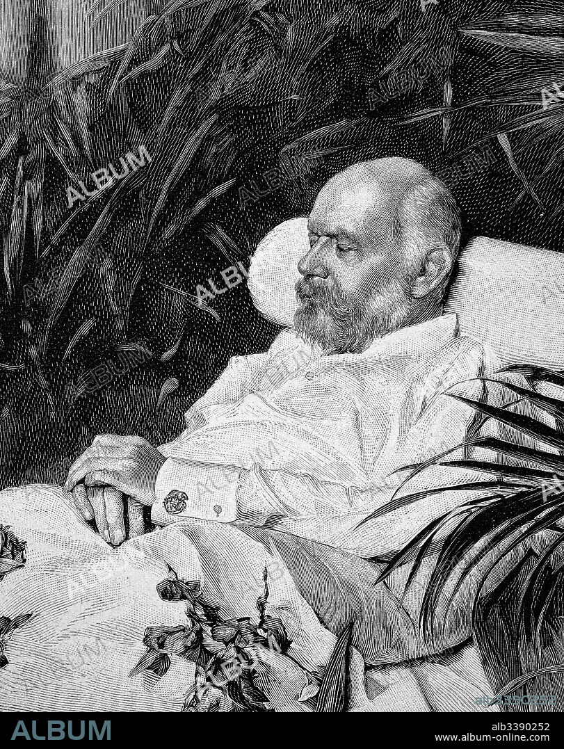 Deathbed of Charles, German: Karl Friedrich Alexander, 6 March 1823 - 6 October 1891, He was King of Wuerttemberg, from 25 June 1864 until his death in 1891, Woodcut from 1892.