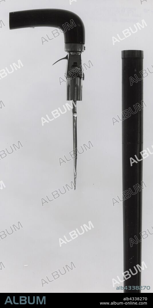 Combined Walking-Cane, Rimfire Pepperbox Revolver, and Stiletto, second half of 19th century, French (?), possibly American(?), France, Wood, leather, brass, silver, horn, steel, and nickel, L. 87.3 cm (34 3/8 in.).