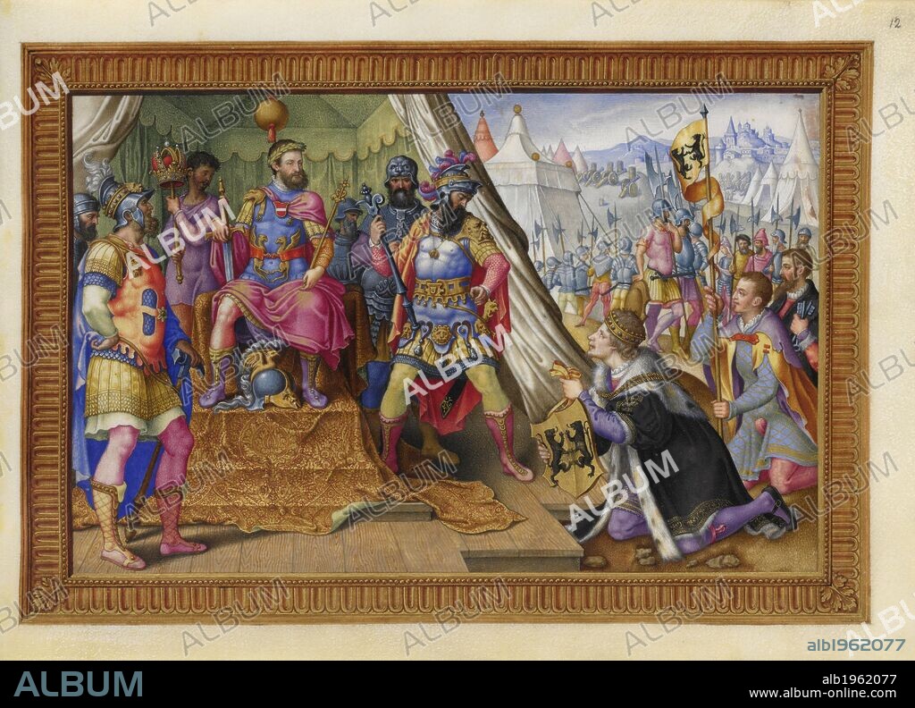 A battlefield. A military leader on his throne and noblemen kneeling. A military victory of Emperor Charles V of Spain. . A SERIES of twelve miniatures illustrating the victories of the Emperor Charles V. with descriptive quatrains in Spanish. Antwerp. A SERIES of twelve miniatures illustrating the victories of the Emperor Charles V. with descriptive quatrains in Spanish. Each miniature, including a border 3/4 inch wide, measures 10 1/4 inches in length by 7 inches in height, and is painted on the recto of a leaf of vellum, 11 1/2 x 8 inches. The quatrains are on the verso, each enclosed within an elaborate scroll-work border. At the beginning is the modern inscription " Giulio Clovio. L'aquila triumphante de Carlos Quinto "; and, according to notes inserted by T. Grenville, the tradition is that the miniatures were painted by Clovio for Philip 11. of Spain and remained in the Escurial until they were removed by a French officer early in the present century. There is, however, no external evidence to support these statements; and although the miniatures are executed in the highest style of the 16th century, it is very doubtful whether they are by Clovio's hand. The subjects, with very slight variations, are from designs of Martin van Heemskerck, engraved by Dirck Volkertsen Coorn- hert and published by Jerome Cock at Antwerp in 1556. Source: Add. 33733 f.12. Language: Spanish.
