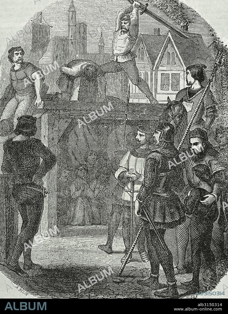Jacques d'Armagnac (c._1433-1477), duke of Nemours. French nobleman. The king Louis XI besieged the duke's chateau at Carlat and imprisoned him. He was condemned to death. The Duke of Nemours is beheaded, 4 Aug 1477. Engraving.