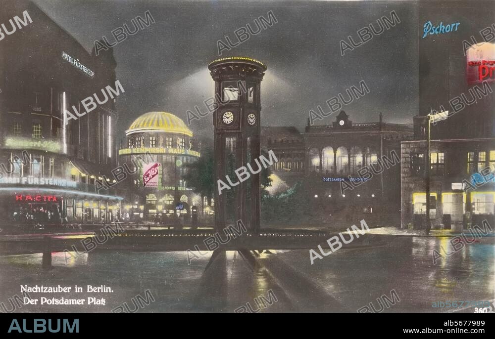 Berlin-Mitte, Potsdamer Platz. View of the traffic tower. In the background (from left) Hotel Fürstenhof, Haus Vaterland, Potsdamer Station and the brewery pub Pschorr. Night photograph (postcard), coloured, c. 1930.
