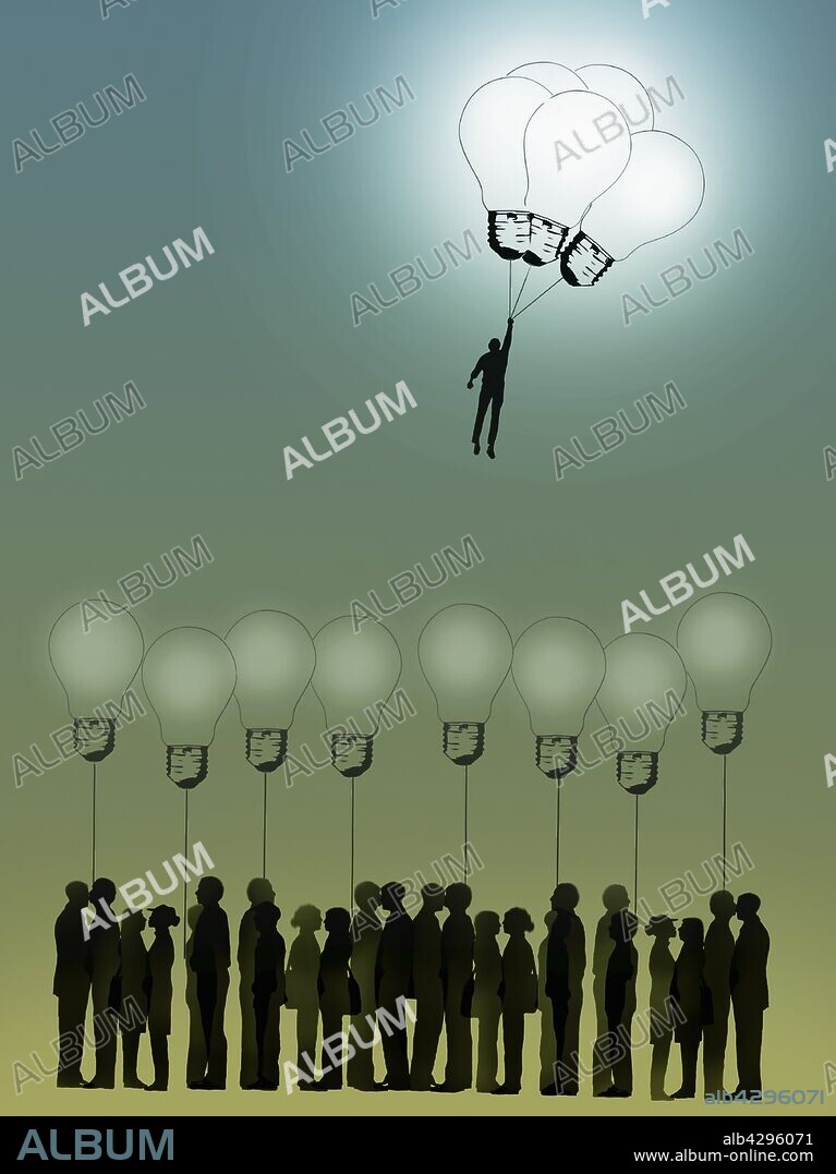 Man floating away from crowd with light bulb balloons.
