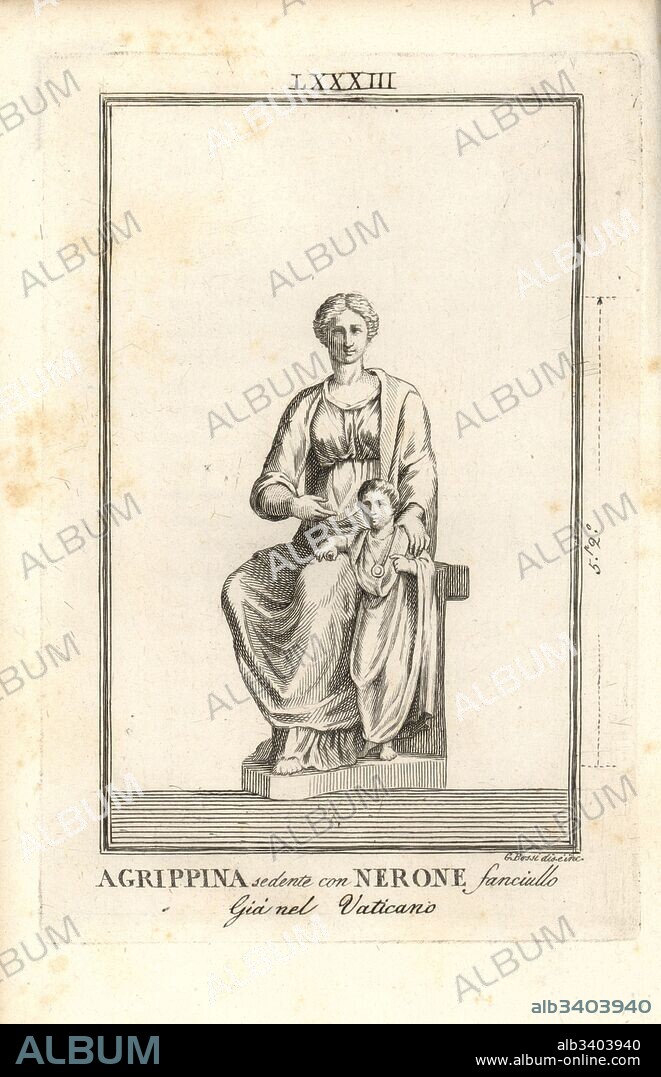 Statue of a seated Agrippina the Younger with her son Nero. In the Vatican. Copperplate drawn and engraved by Giacomo Bossi from Pietro Paolo Montagnani-Mirabili's Il Museo Capitolino (The Capitoline Museum), Rome, 1820.