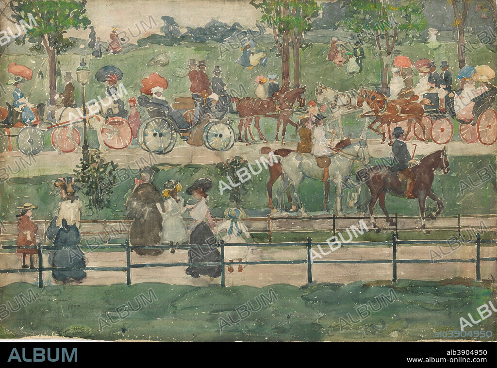 MAURICE PRENDERGAST. Central Park, 1900. Date/Period: 1900. Watercolor painting. Watercolor, pastel, and graphite pencil on paper. Width: 22.125 in. Height: 15.25 in (Sheet).
