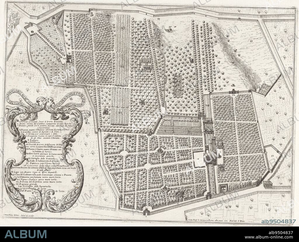 Map of the gardens around Villa Borghese in Rome Bottom left a cartouche with title and an explanatory list of numbers, Map of the gardens around Villa Borghese Pianta del giardino dell'eccelmo signor prencipe Borghese fuori di Porta Pinciana Gardens in Rome Li giardini di Roma con le loro piante alzate e vedute in prospettiva , print maker: Simone Felice, (mentioned on object), intermediary draughtsman: Simone Felice, (mentioned on object), publisher: Giovanni Giacomo de'Rossi, (mentioned on object), print maker: Italy, intermediary draughtsman: Italy, publisher: Rome, Vaticaanstad, 1683, paper, etching, h 284 mm × w 381 mm.